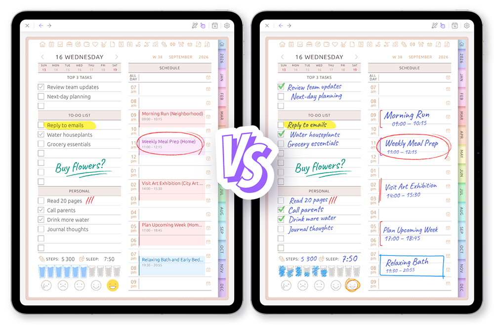 GoodNotes with a fixed PDF planner compared to the adaptable Ultimate Planner